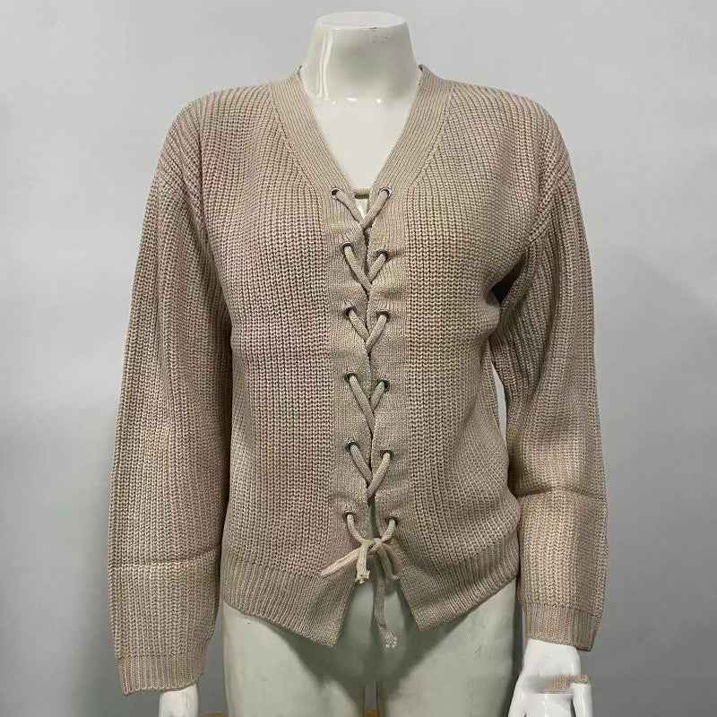 Solid Color And V-neck Hollow Out Tied Knitted Sweater