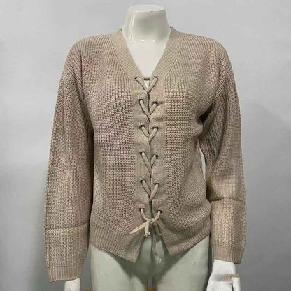 Solid Color And V-neck Hollow Out Tied Knitted Sweater