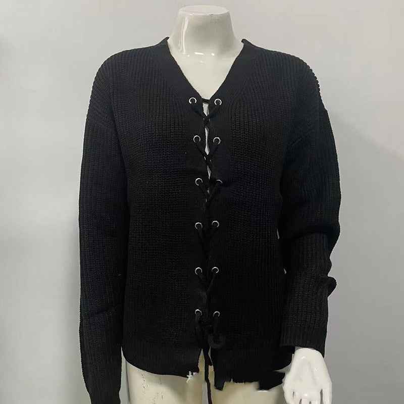 Solid Color And V-neck Hollow Out Tied Knitted Sweater