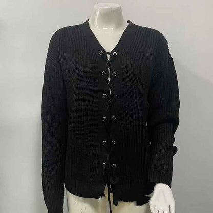 Solid Color And V-neck Hollow Out Tied Knitted Sweater