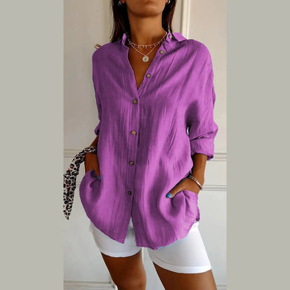 Women's Lapel Long Sleeve Shirt - Single-Breasted Pleated Button-Up - DropOnline.co