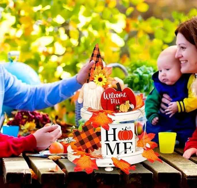 Fall Gnome Tiered Tray Decorations Set - Farmhouse Pumpkin Autumn Decor - DropOnline.co