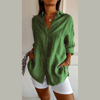 Women's Lapel Long Sleeve Shirt - Single-Breasted Pleated Button-Up - DropOnline.co