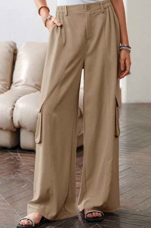 Solid Color Elastic High Waist Loose Cargo Pants