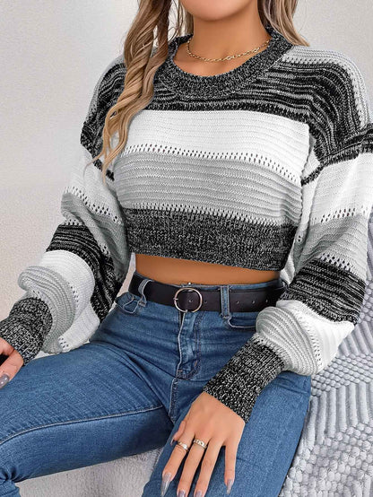 Women Casual Color Block Lantern Sleeve Cropped Pullover Sweater