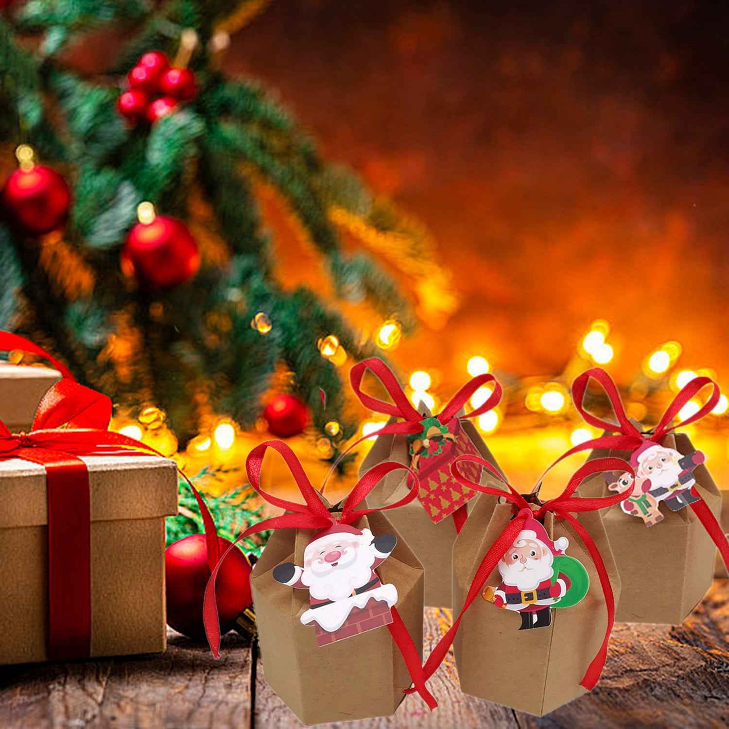 24 Pcs Christmas Treat Boxes with Cards & Ribbon - Xmas Tree Santa Kraft Paper - DropOnline.co