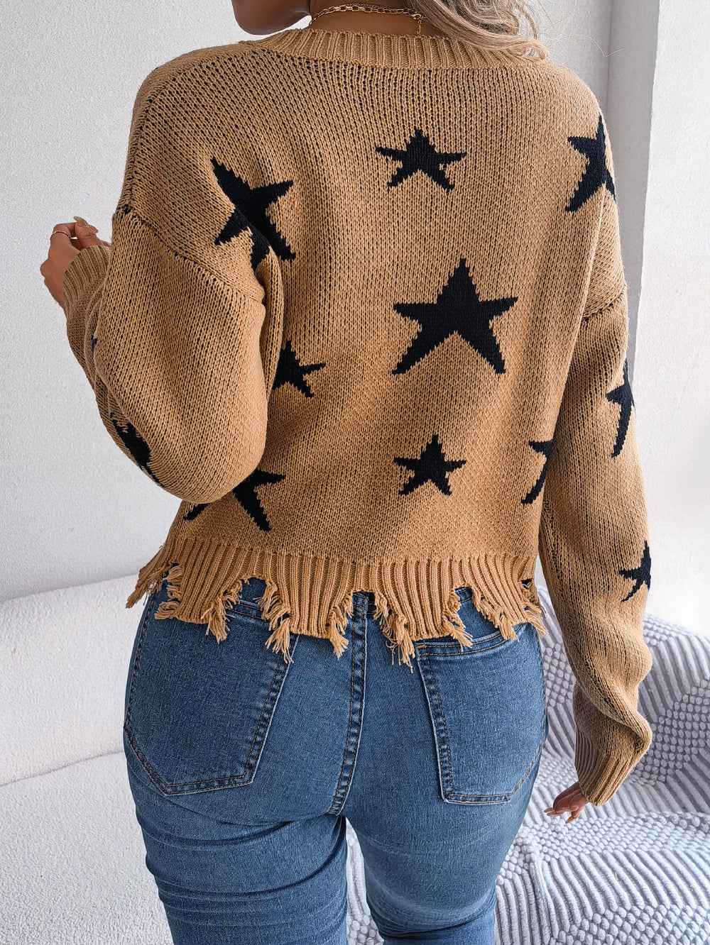 Women Casual V-Neck Star Distressed Long Sleeve Knit Sweater