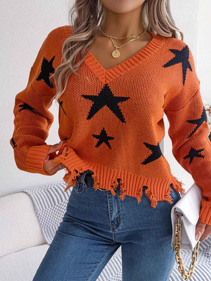 Women Casual V-Neck Star Distressed Long Sleeve Knit Sweater