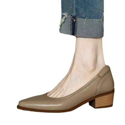 Women's Single Shoes Retro Brown Shallow Mouth Pointed Toe Commuting Mid-heel Anti-slip