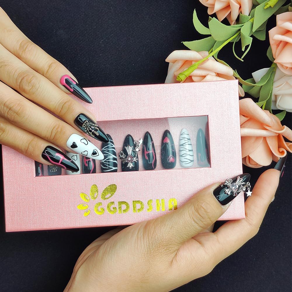 GGddsha Dark Series Pure Handmade Pressed Full StickMedium Almond Nails Hand Painted Designs ReusablePMMA Acrylic Press On Nails With Rhinestones Fake Nailsw Box Ladies Gifts,Eclipse Sketch