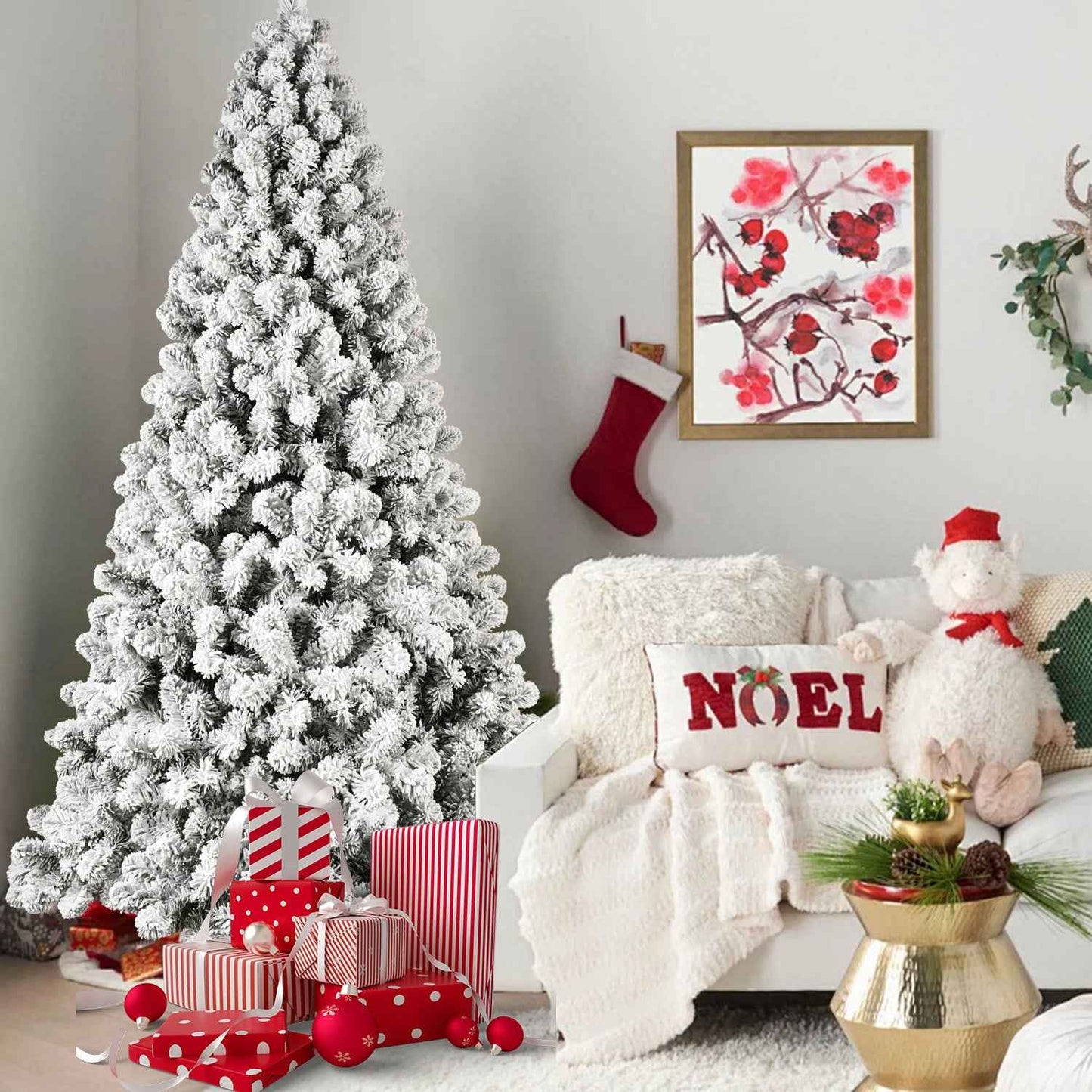 Pre-Lit Flocked Christmas Tree - 5ft-9ft Hinged Artificial Xmas Trees with Lights - DropOnline.co