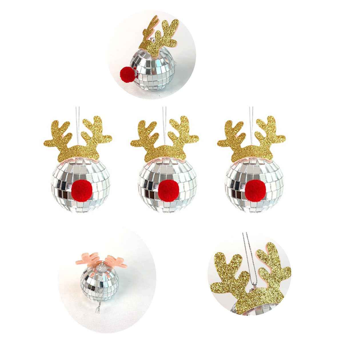 5 Pcs Christmas Silver Disco Mirror Ball - Reflective Elk Horns Xmas Ornaments (8x5x5cm) - DropOnline.co