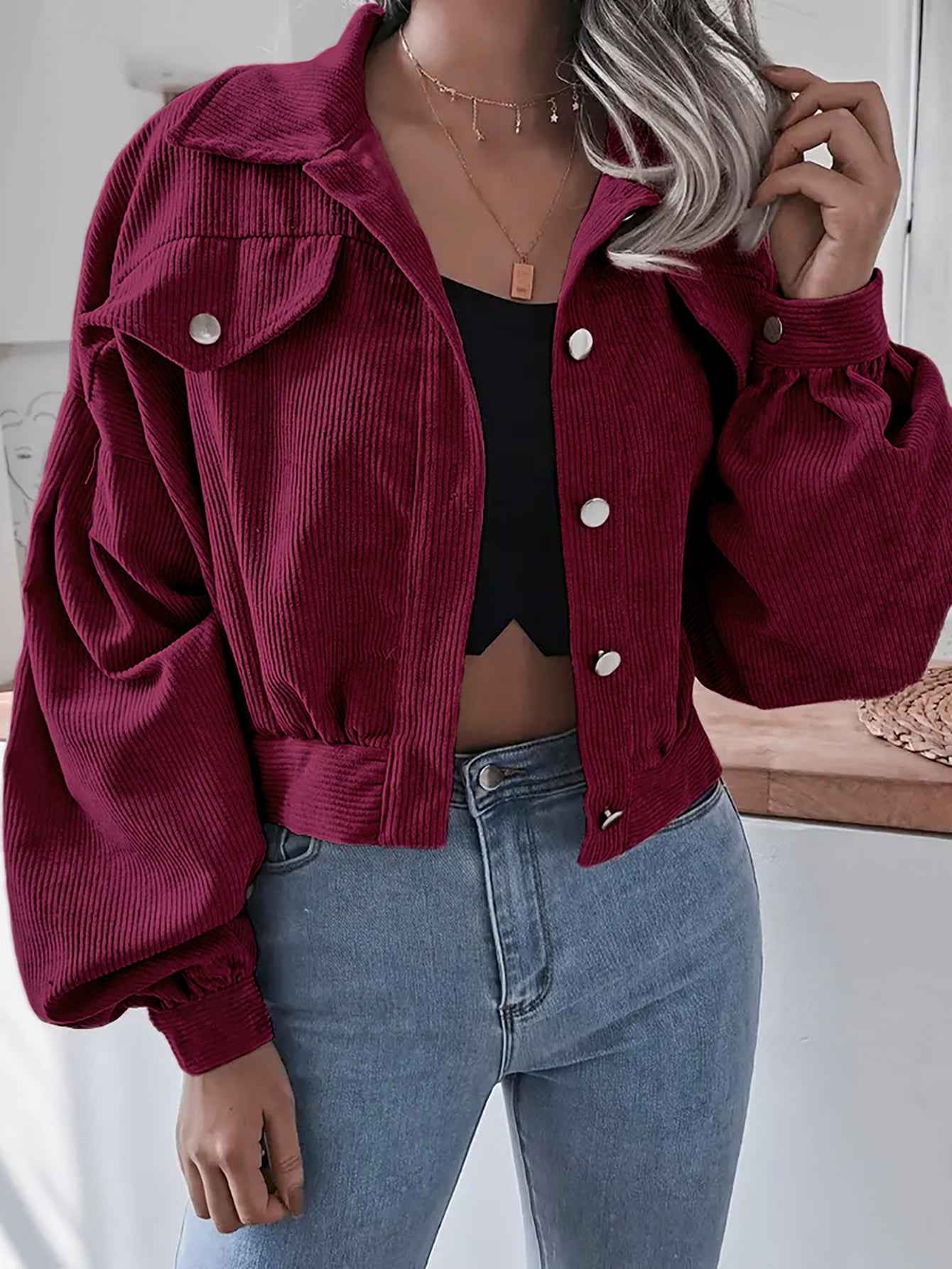 Lantern Sleeve Corduroy Casual Short Jacket