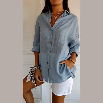 Women's Lapel Long Sleeve Shirt - Single-Breasted Pleated Button-Up - DropOnline.co