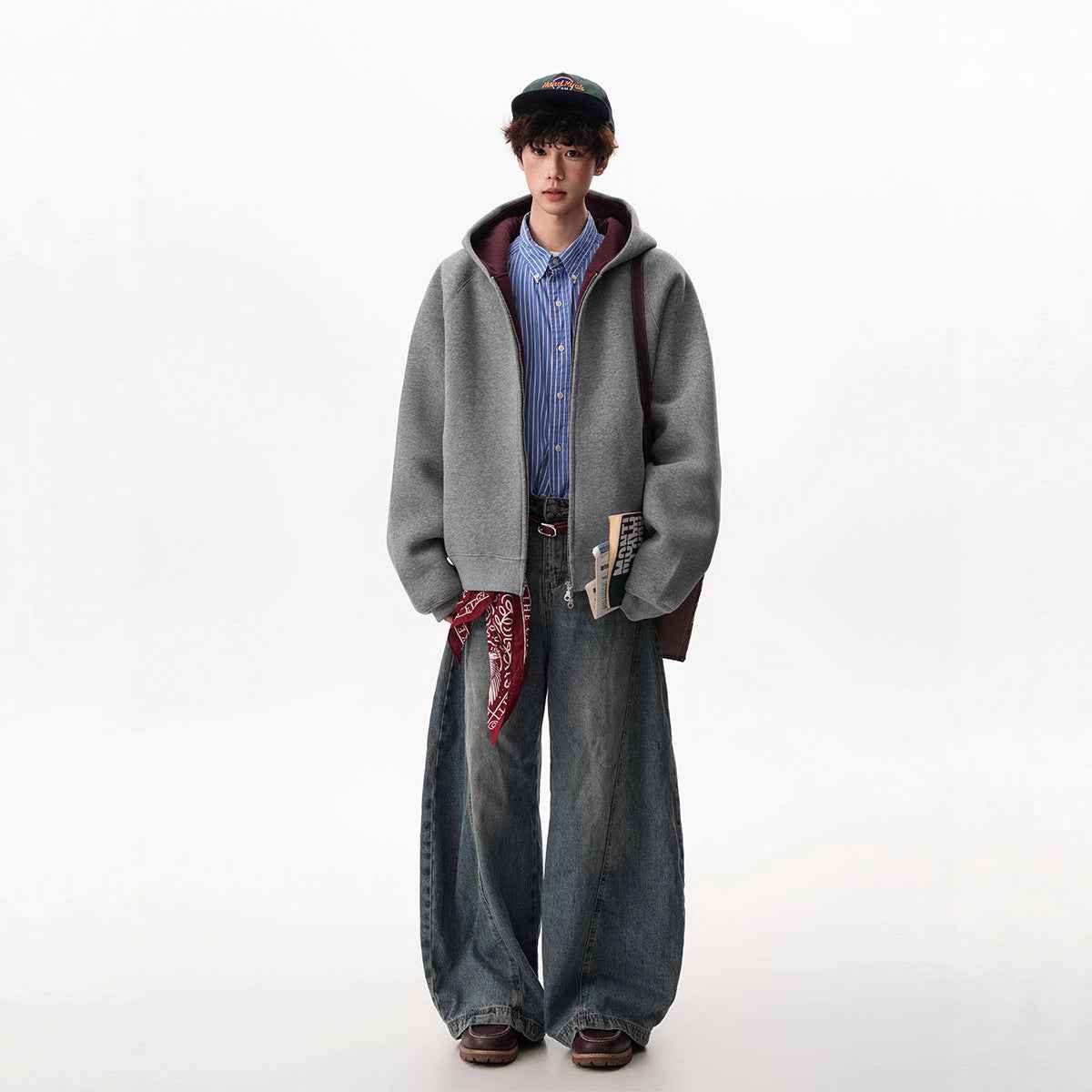 American Contrast Color Zipper Hooded Cardigan Sweater