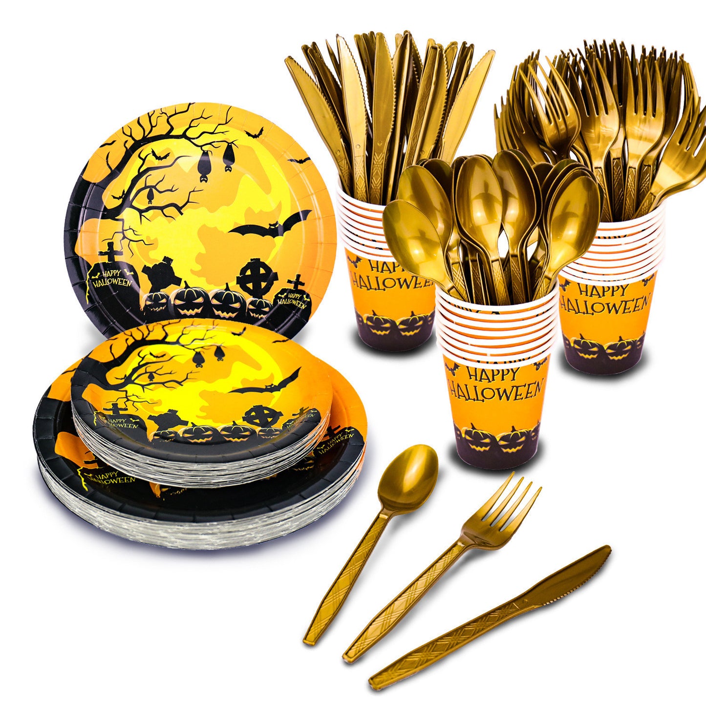 Halloween Party Tableware Set - Paper Cups Plates & Towels