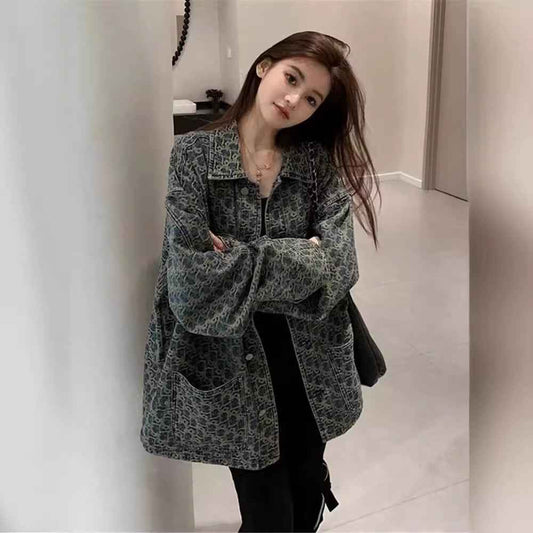 High Street Retro Denim Jacket For Women, Unique Design, Versatile Printed Jacket