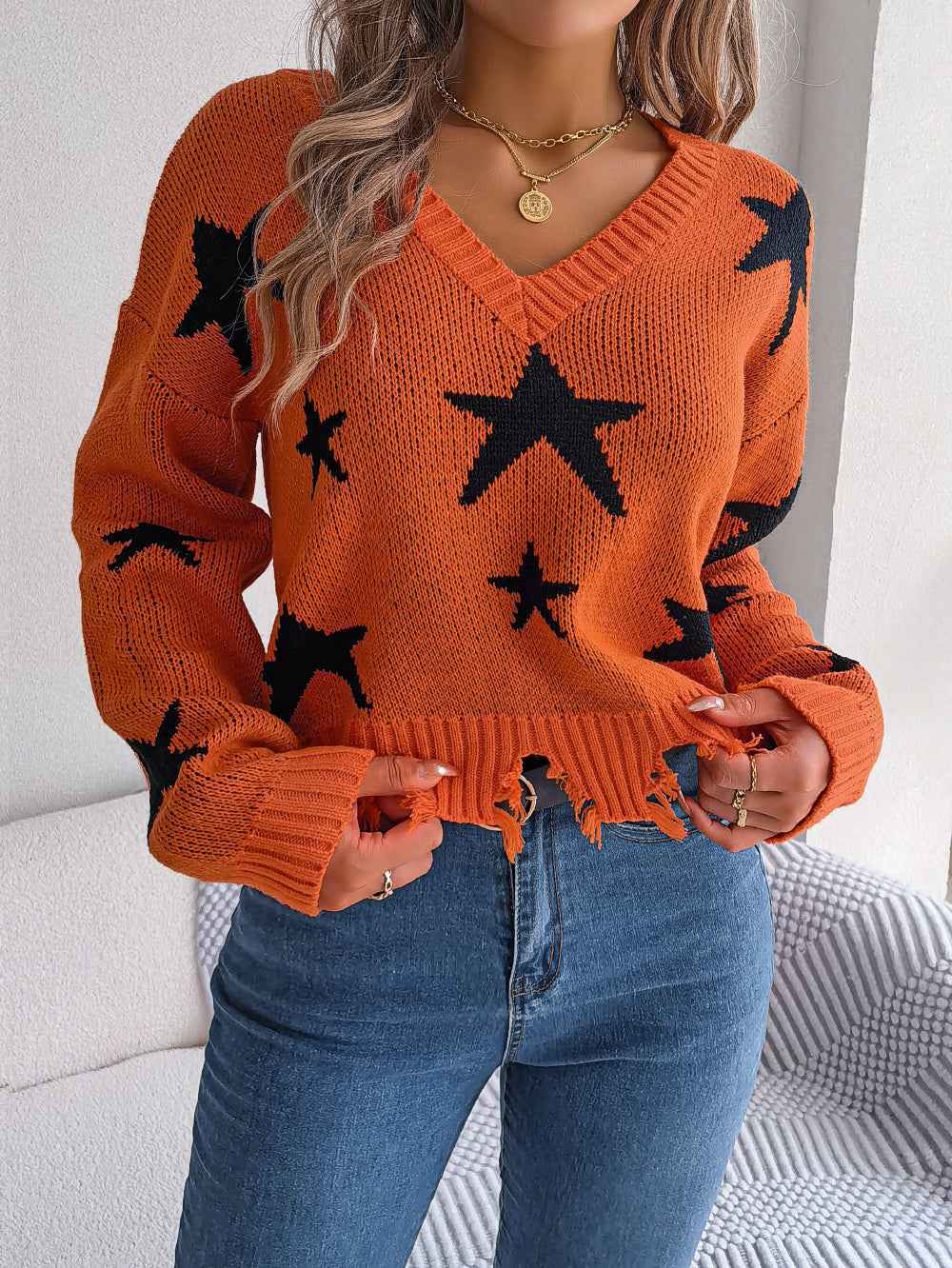 Women Casual V-Neck Star Distressed Long Sleeve Knit Sweater