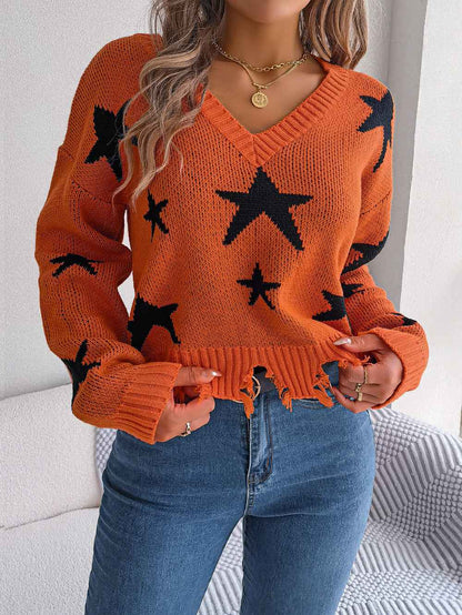 Women Casual V-Neck Star Distressed Long Sleeve Knit Sweater