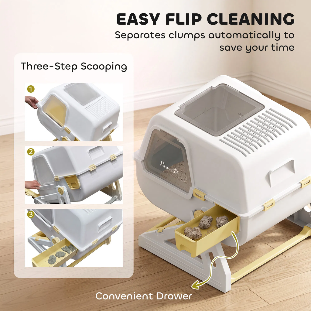 Flip Cleaning L-Size Cat Litter Box with Semi-Automatic Design & Odor Control for Cats