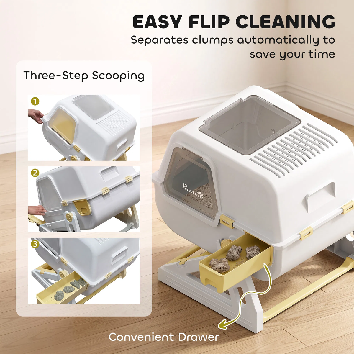 Flip Cleaning L-Size Cat Litter Box with Semi-Automatic Design & Odor Control for Cats