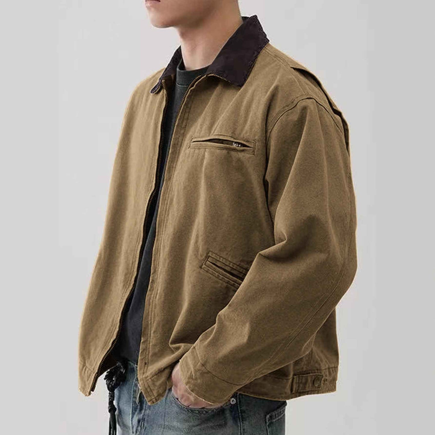 Men's Tooling Washed Jacket Spring And Autumn Color Turn-down Collar Coat