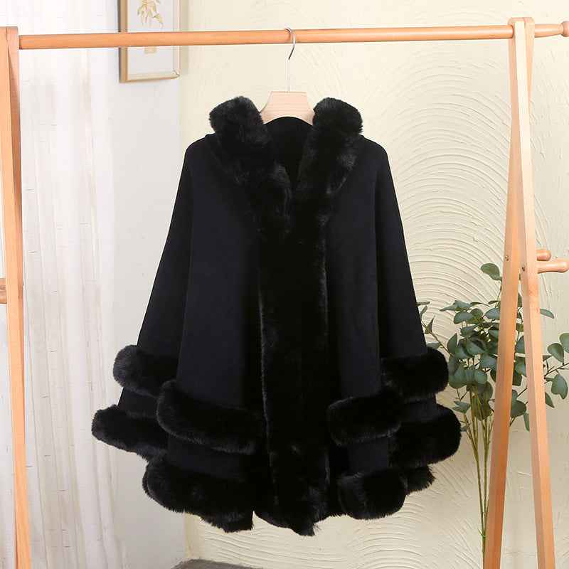 Loose Fur Collar Shawl, Cold-proof Fleece-lined Thick Coat