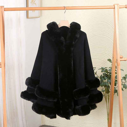 Loose Fur Collar Shawl, Cold-proof Fleece-lined Thick Coat