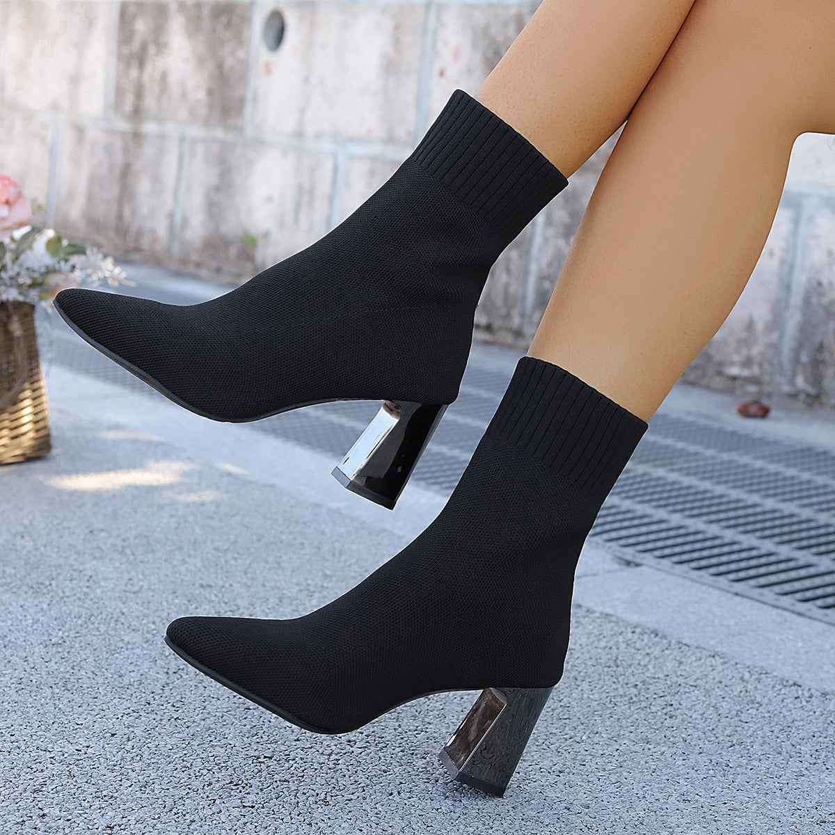 Plus-size Slimming Fly-knit High-heel Fashion Boots