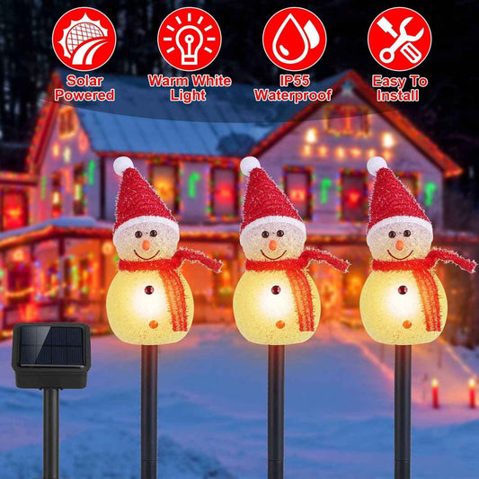 Solar Powered 3 Snowmen Garden Stake Light - IP55 Waterproof LED Pathway Lamp