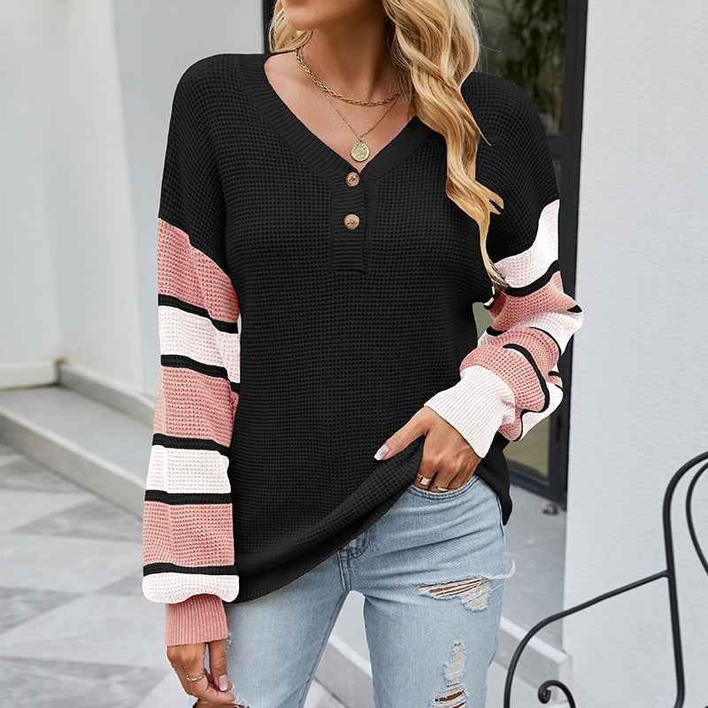 Striped Open-front Button-knit Lantern Sleeve Sweater Women