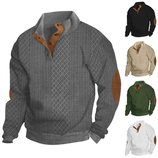 Men's Stand Collar Jacquard Knit Pullover Sweater - Long Sleeve Textured Pattern