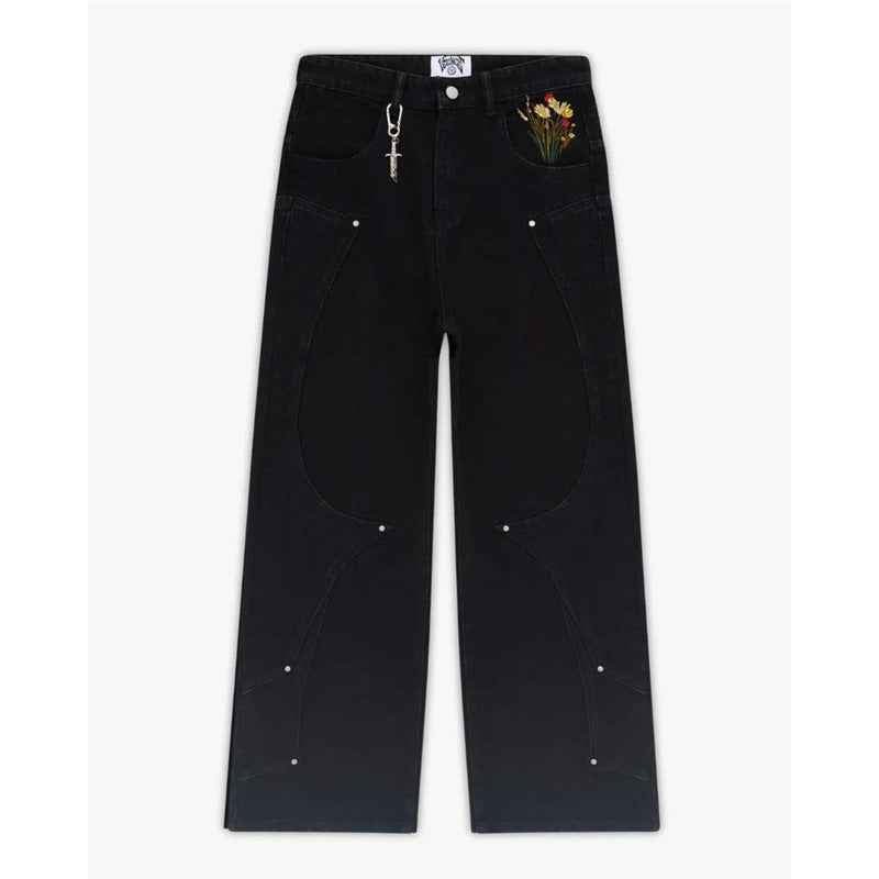 Black Jeans With Embroidered Silver Knight Armor