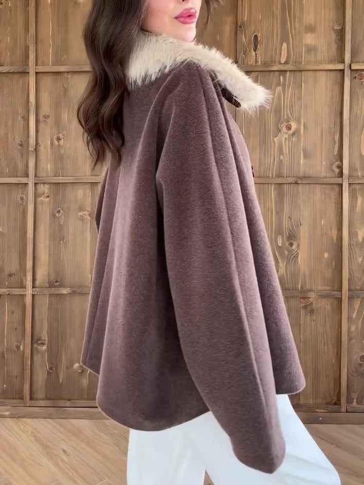 Brown Oversized Coat With White Faux Fur Collar