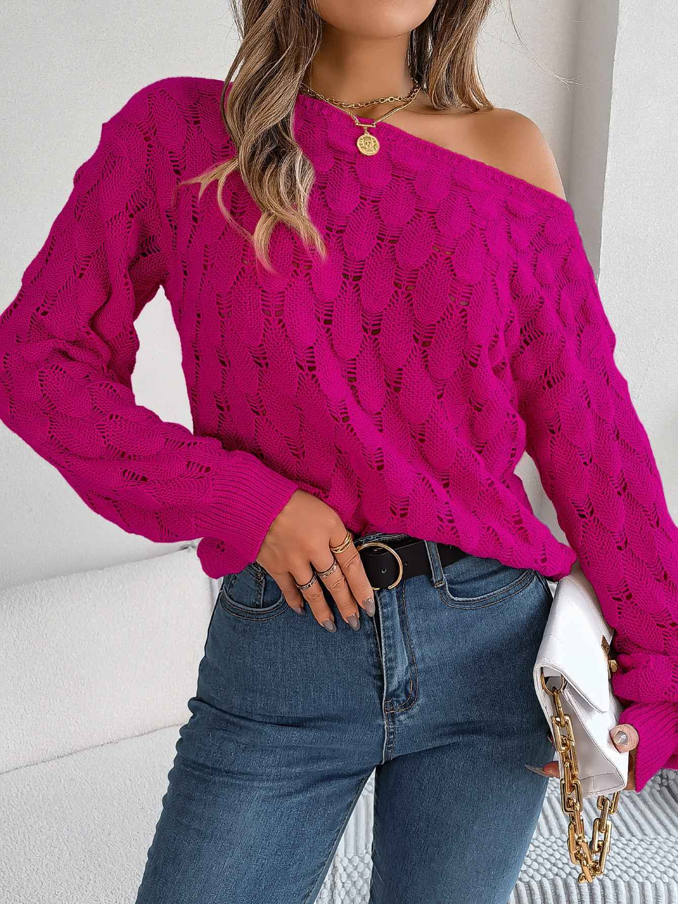 Women Casual Feather Hollow Out Off-Shoulder Lantern Sleeve Sweater
