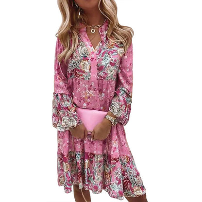 Plus Size Women's Round Neck Button Front Floral Print Dress - Spring Summer Patchwork Midi Dress - DropOnline.co