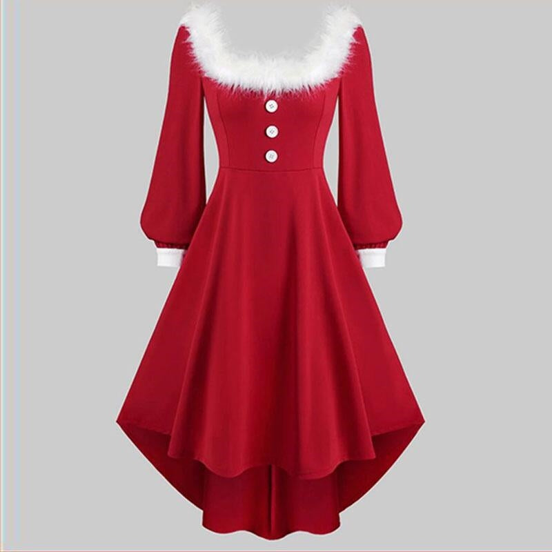 Christmas Women's Fur Patchwork V-neck Long Sleeved Dress