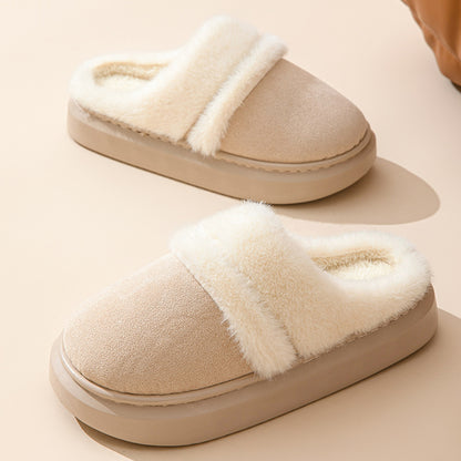 Fashion Warm Cotton Slippers For Women Leisure Thick Bottom Non-slip Plus-velvet House Shoes Winter Bedroom Floor Suede Slipper - DropOnline.co