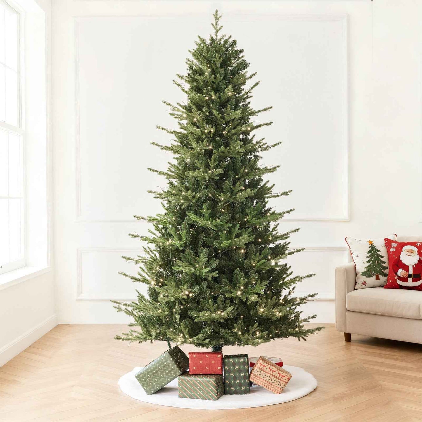Fraser Slim Fir 7.5ft Christmas Tree Pre-Lit Artificial With 3,429 Branch Tips & 792 Low-Voltage Warm LED Lights, Foldable Stand & Realistic Flame-Resistant Branches