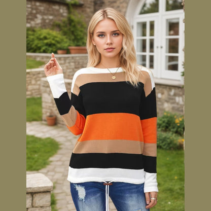 2025 Novel And Cute Style Round Neck Striped Women's Fashion Clothing Color Blocked Hoodie Autumn Sweater Women's Clothing - DropOnline.co