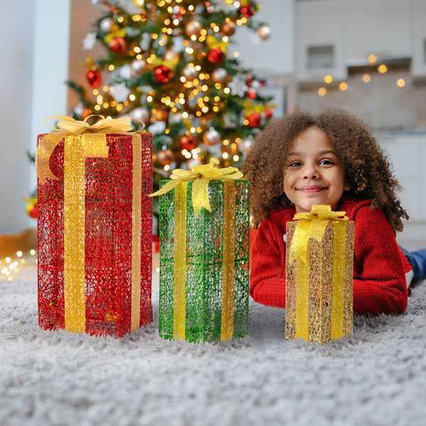 3pcs Green Gold Christmas Lighting Gift Box - 18in-15in-11in Stacking Set - DropOnline.co