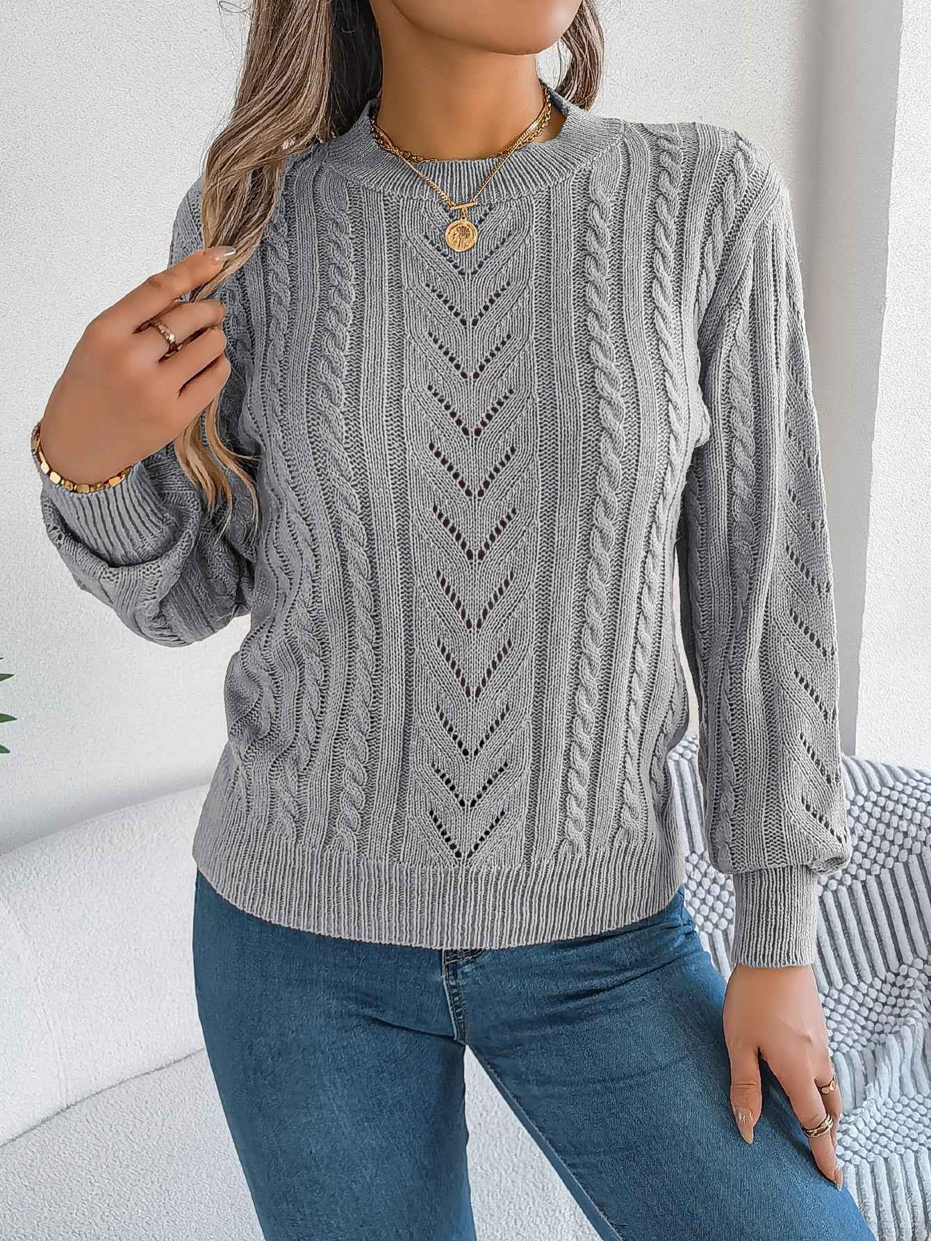 Women Casual Solid Color Hollow Out Lantern Sleeve Pullover Sweater