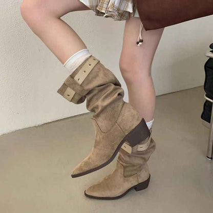 Western Cowboy Mid-calf Thick Heel Pointed Toe High Fold Stack Boots