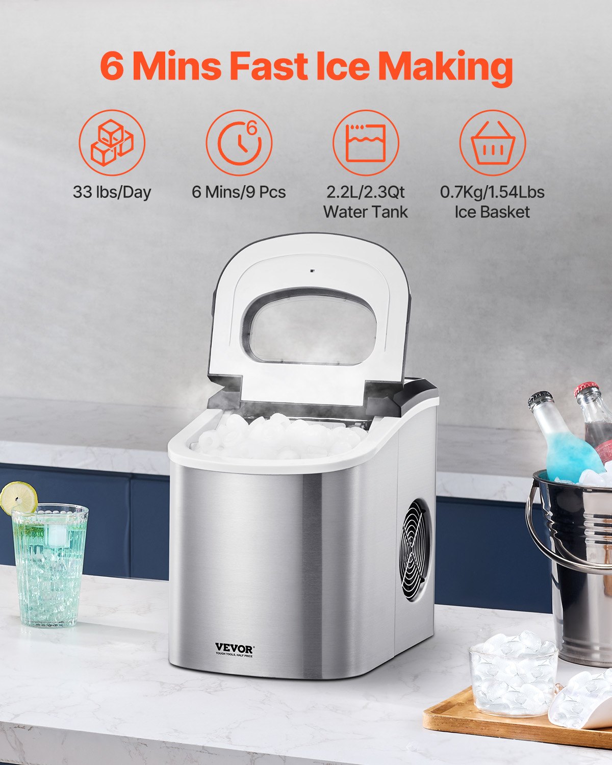 Portable Countertop Ice Maker 33Lbs/24H Self-Cleaning With Scoop Basket Home Bar