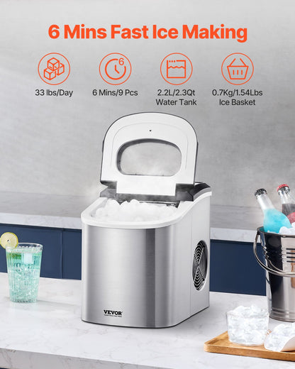 Portable Countertop Ice Maker 33Lbs/24H Self-Cleaning With Scoop Basket Home Bar