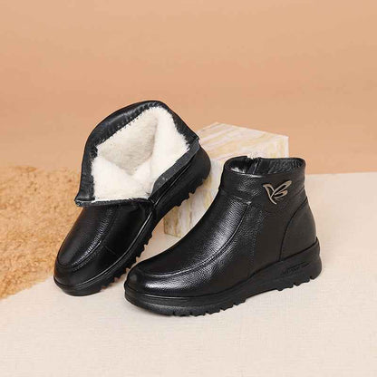 Women's Flat Bottomed Anti Slip Leather Wool Short Boots