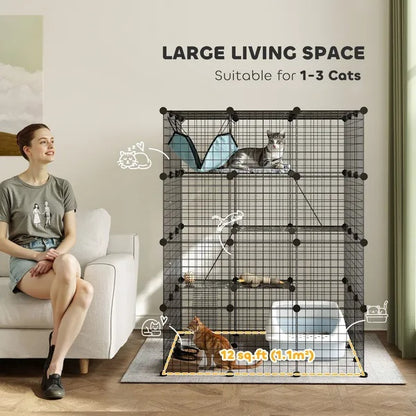 DIY 4 Tier Cat Cage Indoor With Hammock, Ramps, Jumping Platforms, Doors, Cat Enclosure For 1-3 Cats, 3 X 3 X 4, Black - DropOnline.co