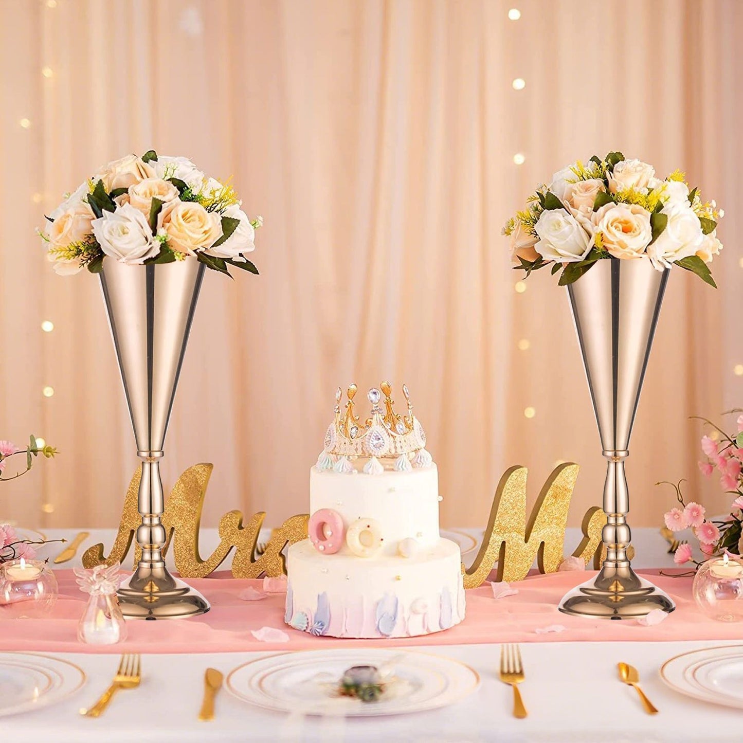 Golden Vase Flower Wedding Centerpieces For Tables 14 In Tall Flower Display Stand Wedding Metal Flower Arrangement Stand Trumpet Vase Tabletop Stand For Home Anniversary Ceremony Party