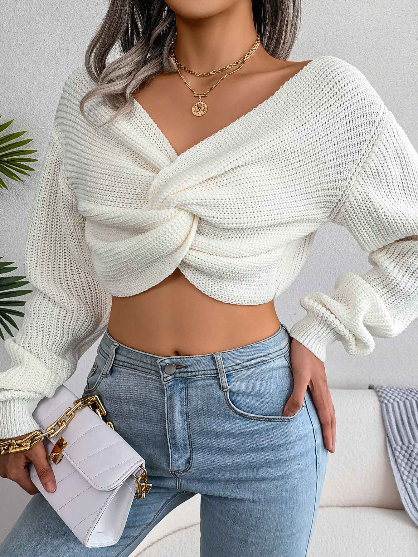 Women Long Sleeve Tie-Front Cropped Knit Sweater