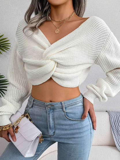 Women Long Sleeve Tie-Front Cropped Knit Sweater
